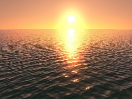 3d render of a sun setting over an ocean with lovely warm colours の写真素材