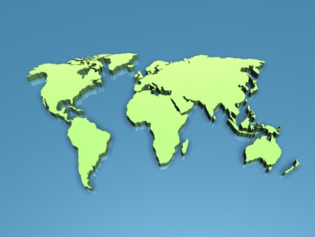The world map in 3D on a flat blue backgroundの写真素材