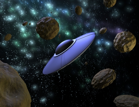 a UFO spaceship flying through space with asteroids in view の写真素材