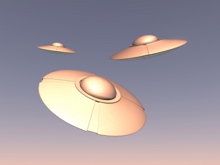 high detailed UFO spaceships flying in the sky at sunset の写真素材