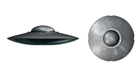UFO spaceship on a white background front a side perspective and plan perspectiveの写真素材