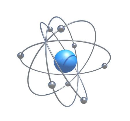 a silver and blue atom particle against a white background の写真素材