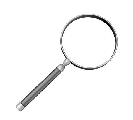 a 3d magnifying glass sits against a white background for easy cutting outの写真素材