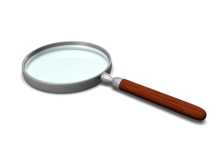 a 3d magnifying glass sits against a white background for easy cutting outの写真素材