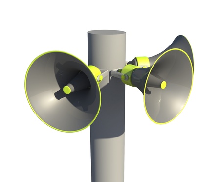 three megaphones together around a post  ready to broadcast information out の写真素材