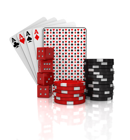 Casino gambling dice, chips and cards sit against a white background.の写真素材