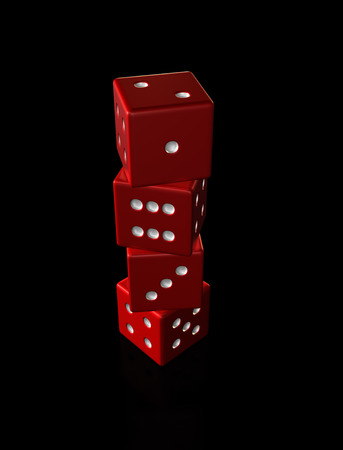 four red dice stacked on top of each other against a black background with reflections.の写真素材