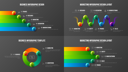 Company marketing analytics presentation vector illustration template bundle. Business report data visualization design layout. Colorful 3D balls corporate statistics infographic elements set.のイラスト素材