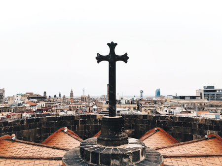 Panoramic view with a cross. Barcelona Cathedral.