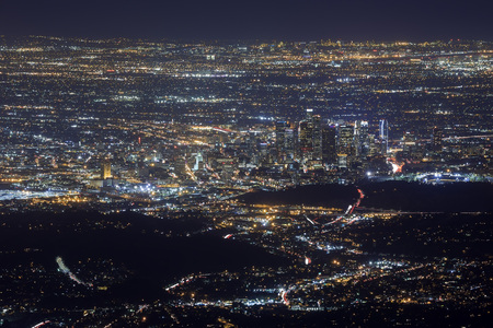 Los Angeles downtown view from top, aerial view at nightの写真素材