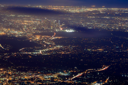 Los Angeles downtown view from top, aerial view at night