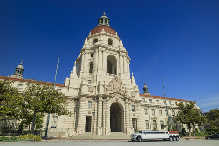 Historical Pasadena city hall in morning with blue skyのeditorial素材