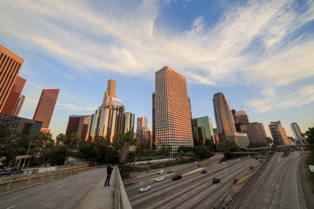 Los Angeles downtown night scene at sunset timeのeditorial素材