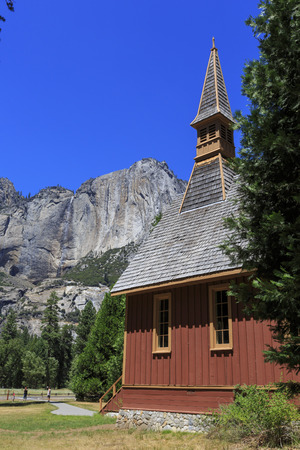 Yosemite chapel and upper yosemite fall, daytimeの写真素材
