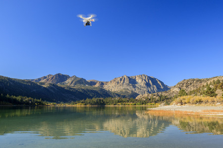 Drone flying over June Lake, Californiaの写真素材