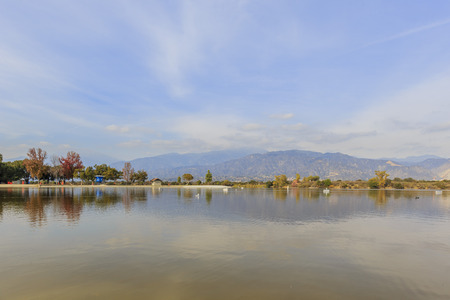 Super aftrenoon light of Santa Fe Dam Recreation Area with beautiful reflectionの写真素材
