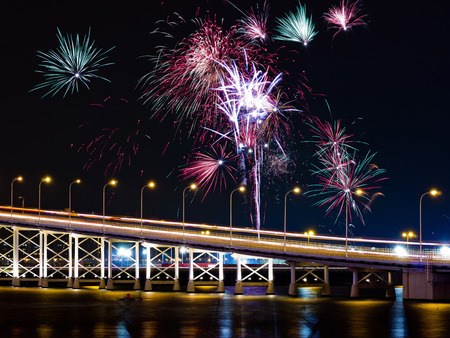 Many fireworks over Macau-Taipa Bridge during New Yearsの写真素材