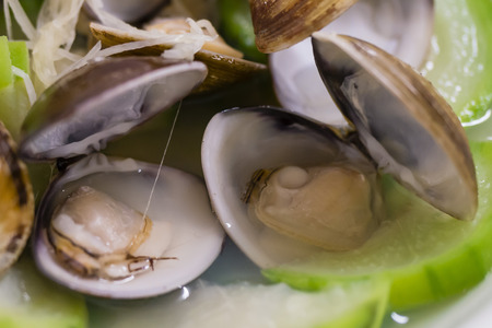 Traditional asia family food - steam clam and Loofahの写真素材