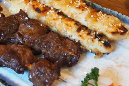 Close up shot of delicious chicken and beef kebab, photo taken in Taiwanの写真素材