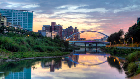 Sunset view of Jingmei bridge, Taipei, Taiwanの写真素材