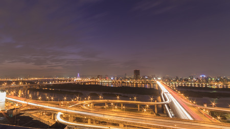 Sunset to twilight of aerial view of Taipei cityscape, Taiwanの写真素材