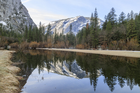 Some beautiful scene of the famous Mirror Lake of Yosemite, morningの写真素材