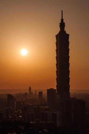 Famous aerial cityscape of Hsinyi District of Taipei at Xiangshan, Taiwanの写真素材