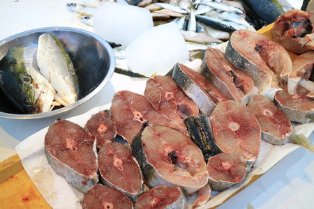 Fresh raw yellow tail selling at fish market at Newport Beachの写真素材