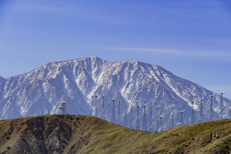 Windmill and snow mountain at Whitewater, Palm Springs, Californiaの写真素材