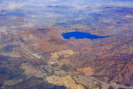 Aerial view of Lake Mathews and mountains, Californiaの写真素材