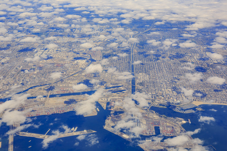 Aerial view of great Los Angeles area with cloudsの写真素材