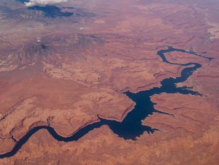 aerial view shot or Apache Lake in airplane, flying from Los Angeles towards New York Cityの写真素材