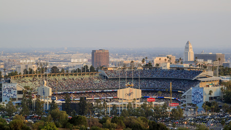 MAY 25, Los Angeles: Dodger Stadium and L.A. Towndown with red sky on MAY 25, 2015 at Los Angelesのeditorial素材