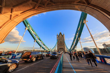 London, APR 17: The famous Tower Bridge of London around sunset time on APR 17, 2016 at London