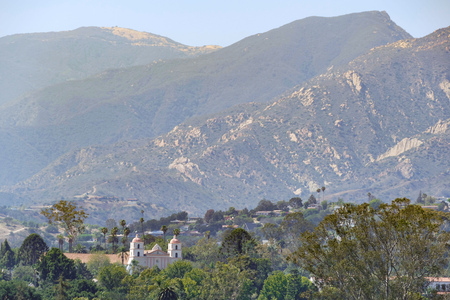 old mission church seen from Santa Barbara County Courthouse, Californiaの写真素材