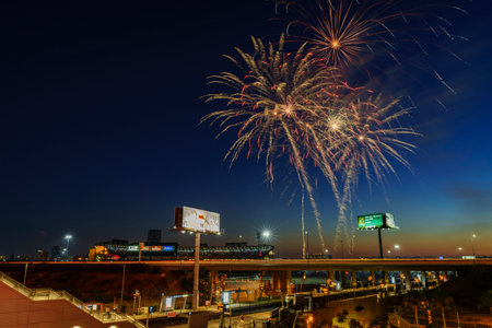 Anaheim, JUL 16: Beautiful fireworks of Angel Stadium saw at the beautiful Anaheim Regional Intermodal Transit Center on JUL 16, 2016 at Anaheim, Californiaのeditorial素材