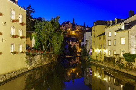 Alzette river side scene on road Rue Munster of Luxembourg at nightのeditorial素材
