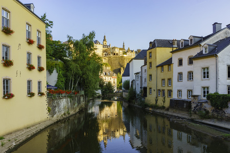 Alzette river side scene on road Rue Munster of Luxembourg at sun riseのeditorial素材