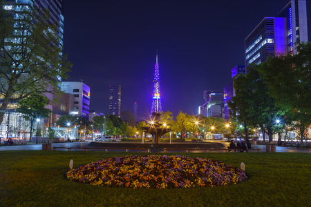 Sapporo, MAY 23: The beautiful Odori Park with TV Tower at night on MAY 23, 2016 at Sapporo, Japanのeditorial素材