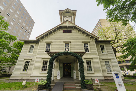 The historical Sapporo Clock Tower (Tokeidai) at Sapporo, Hokkaido, Japanのeditorial素材