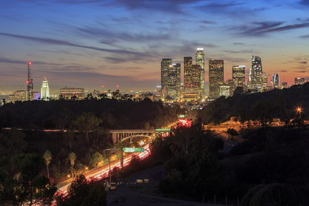 Los Angeles downtown sunset aerial view with 110 highway belowのeditorial素材
