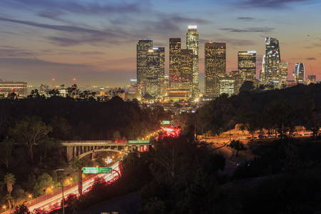 Los Angeles downtown sunset aerial view with 110 highway belowのeditorial素材