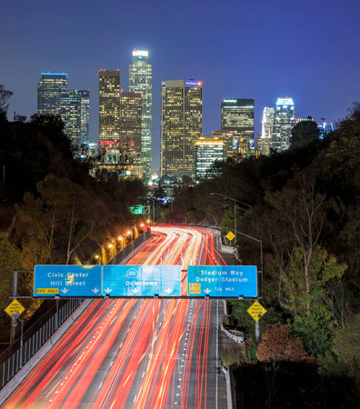 Los Angeles Night Urban city scape at 110 Freewayのeditorial素材