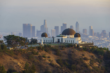 Los Angeles downtown Sunset Cityscape with Griffin Observatory, Californiaのeditorial素材