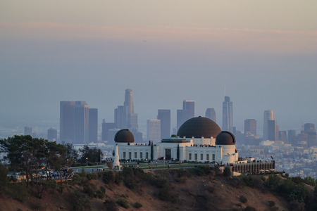 Los Angeles downtown Sunset Cityscape with Griffin Observatory, Californiaの写真素材