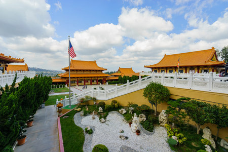 Hsi Lai Temple with American flag at Los Angeles, California