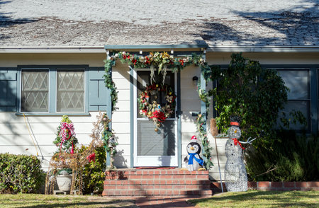 Beautiful christmas decoration of American style house, saw at Los Angelesのeditorial素材