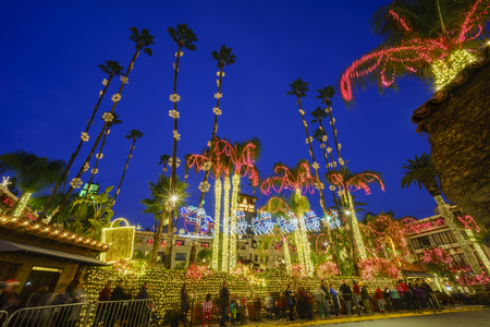Exterior main entrance of the Historical Mission Inn during twilight, christmas, at Riverside, Californiaのeditorial素材