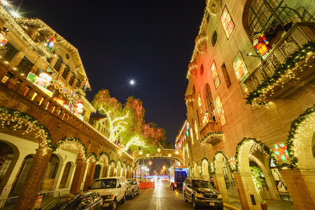 Riverside, DEC 10: Exterior of the Historical Mission Inn during twilight, christmas on DEC 10, 2016 at Riverside, Californiaのeditorial素材