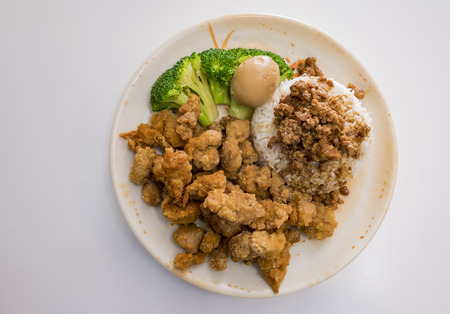 Delicious taiwanese style braised pork rice and popcorn chickenの写真素材